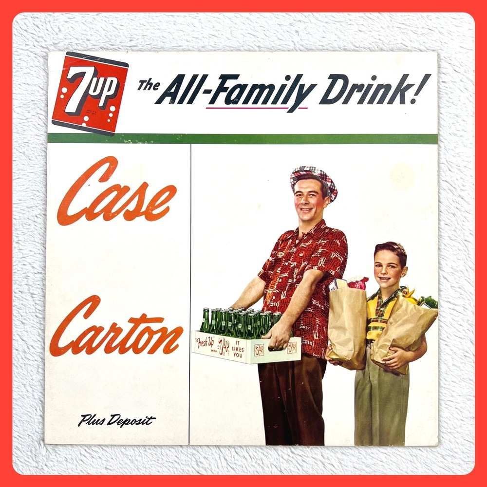 Vintage 1950s 7UP Advertising Sign 14" Cardboard Store Display MCM‎ Dad Son USA